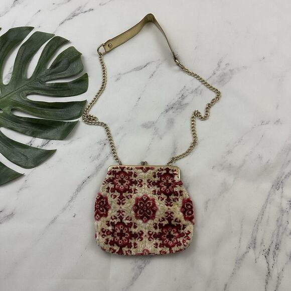 Vintage 70s Made in Japan Kisslock Frame Tapestry Bag Cream Red Floral Small - Picture 1 of 8